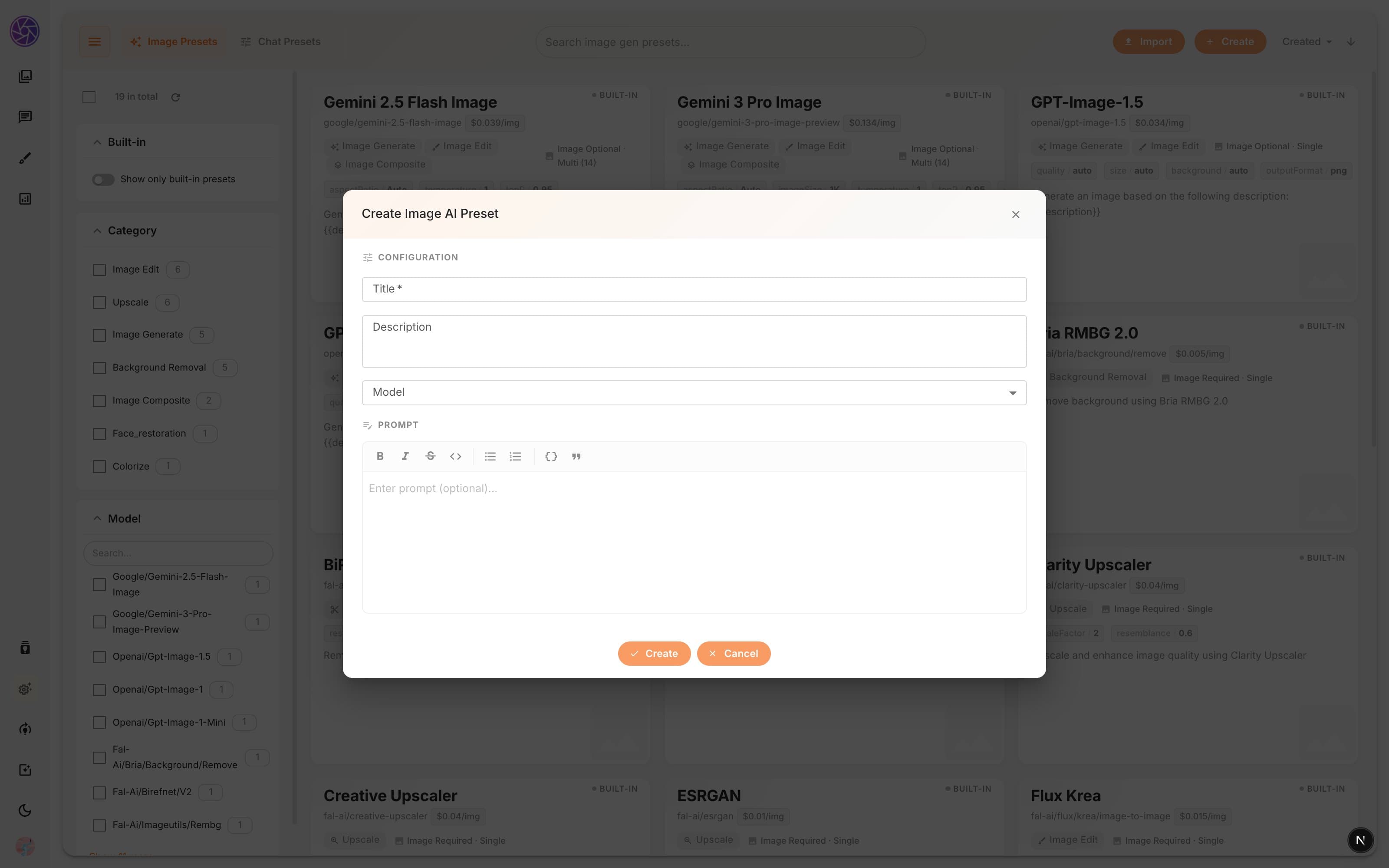 Create dialog with configuration, prompt, and schema sections
