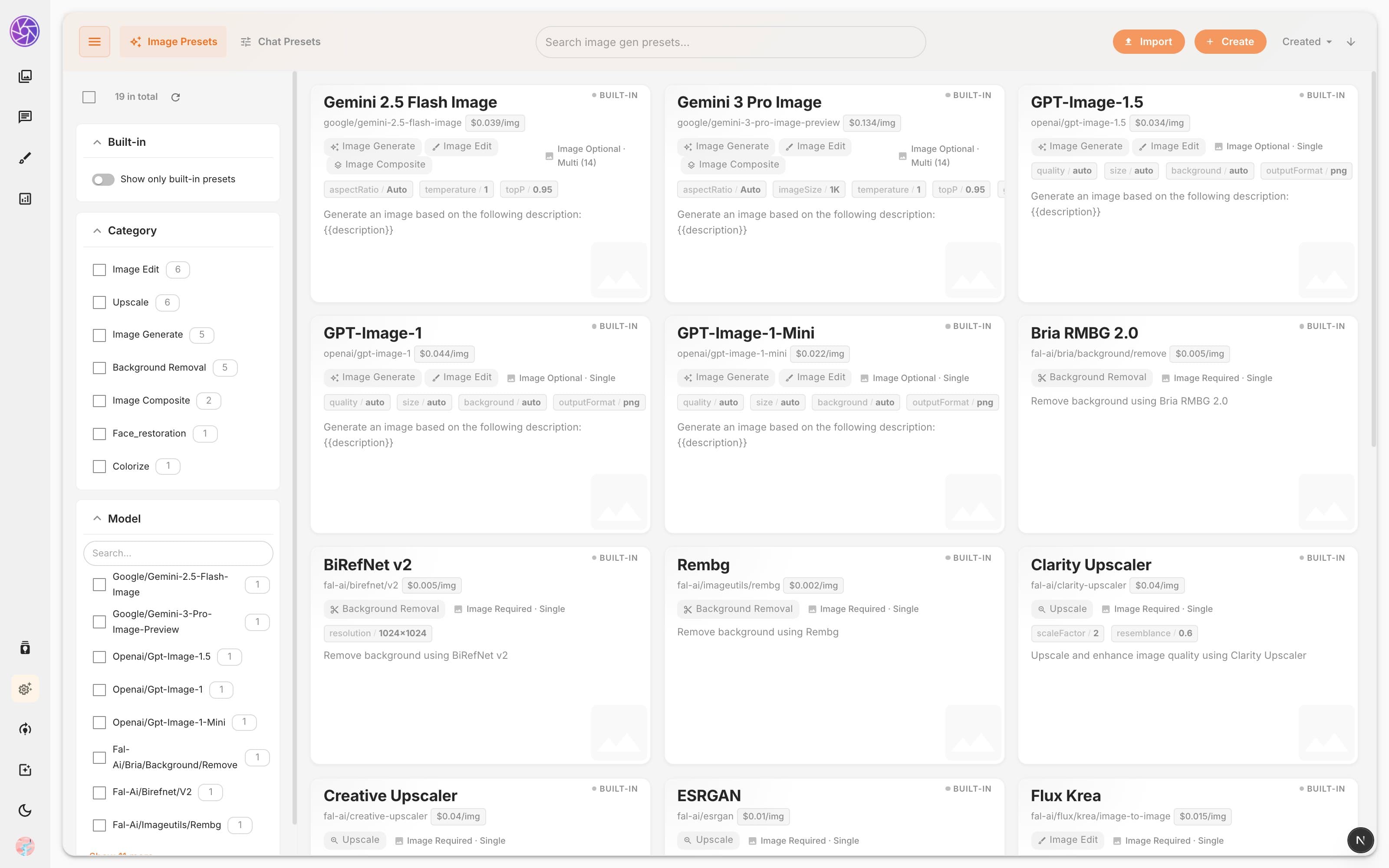 AI Presets page showing image preset cards