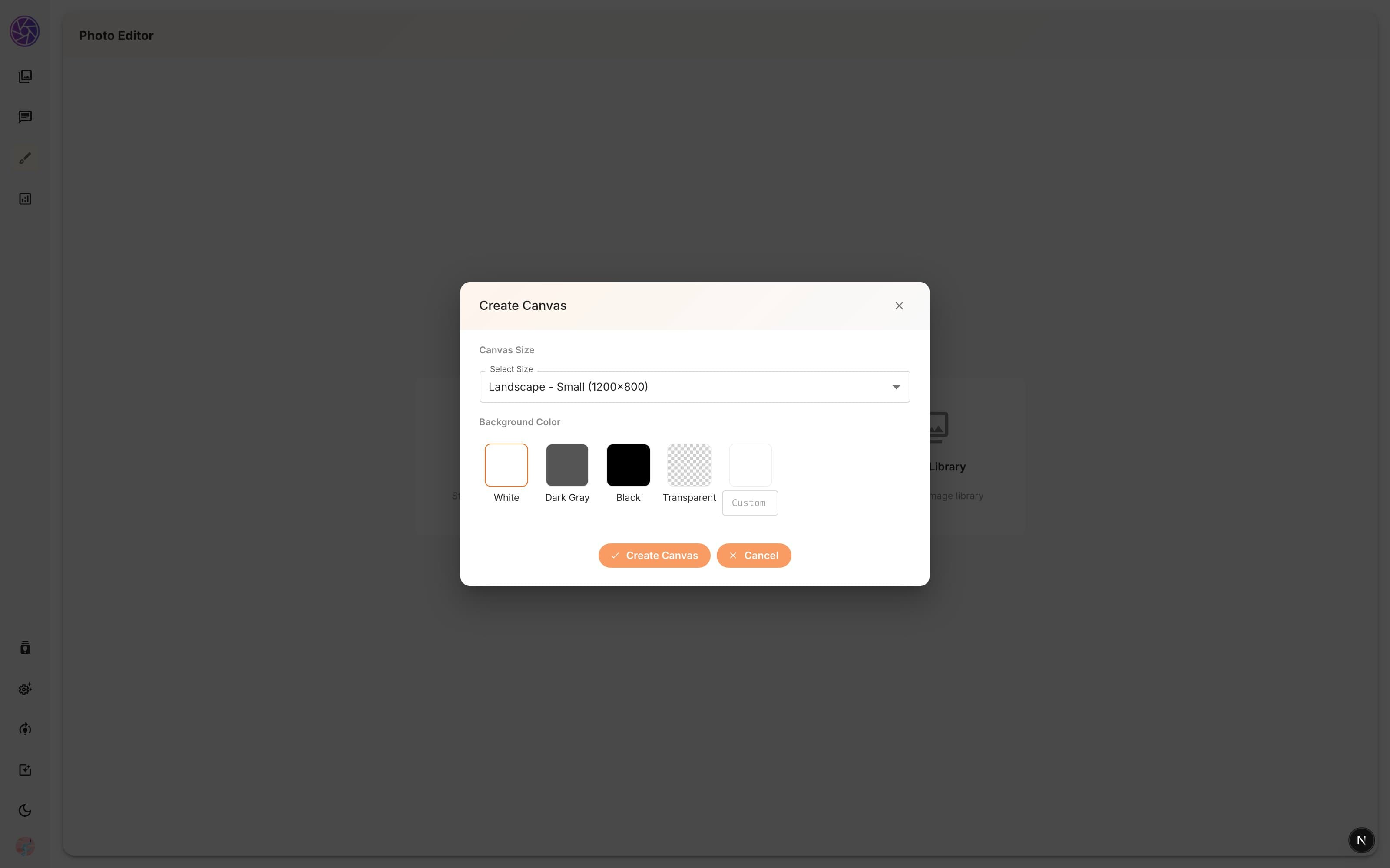 New canvas dialog with size and background options