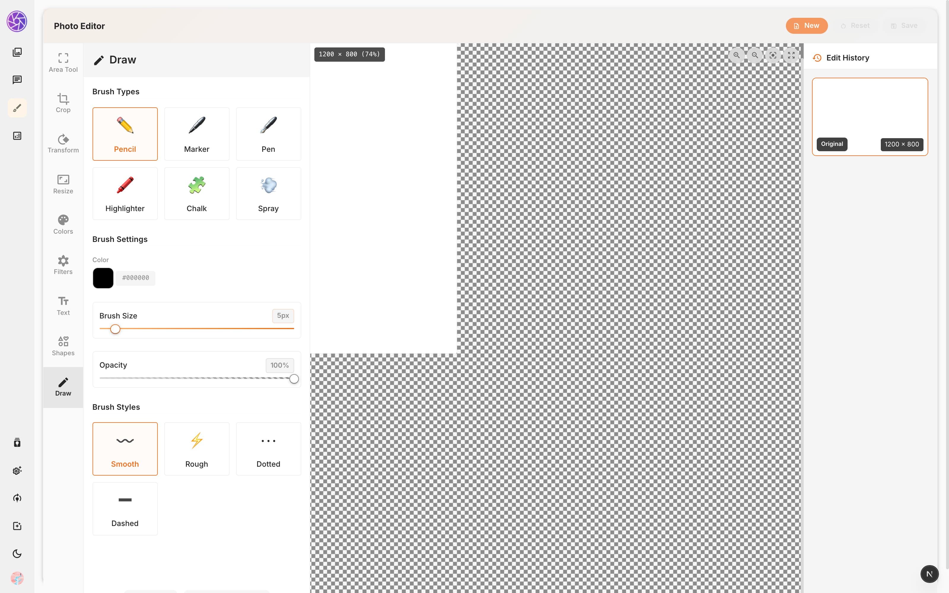 Draw tool with brush types and settings