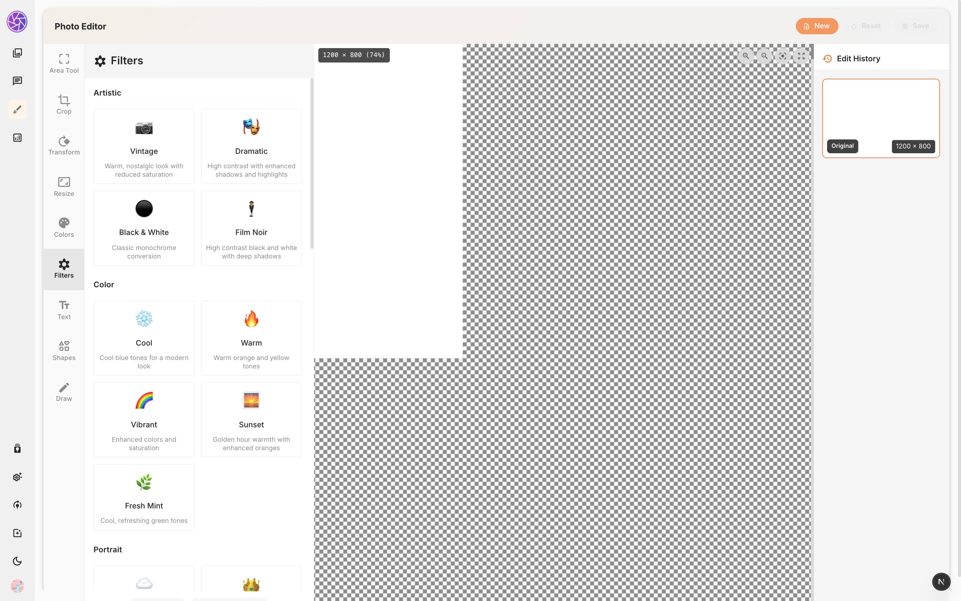 Filters tool with categorized filter presets