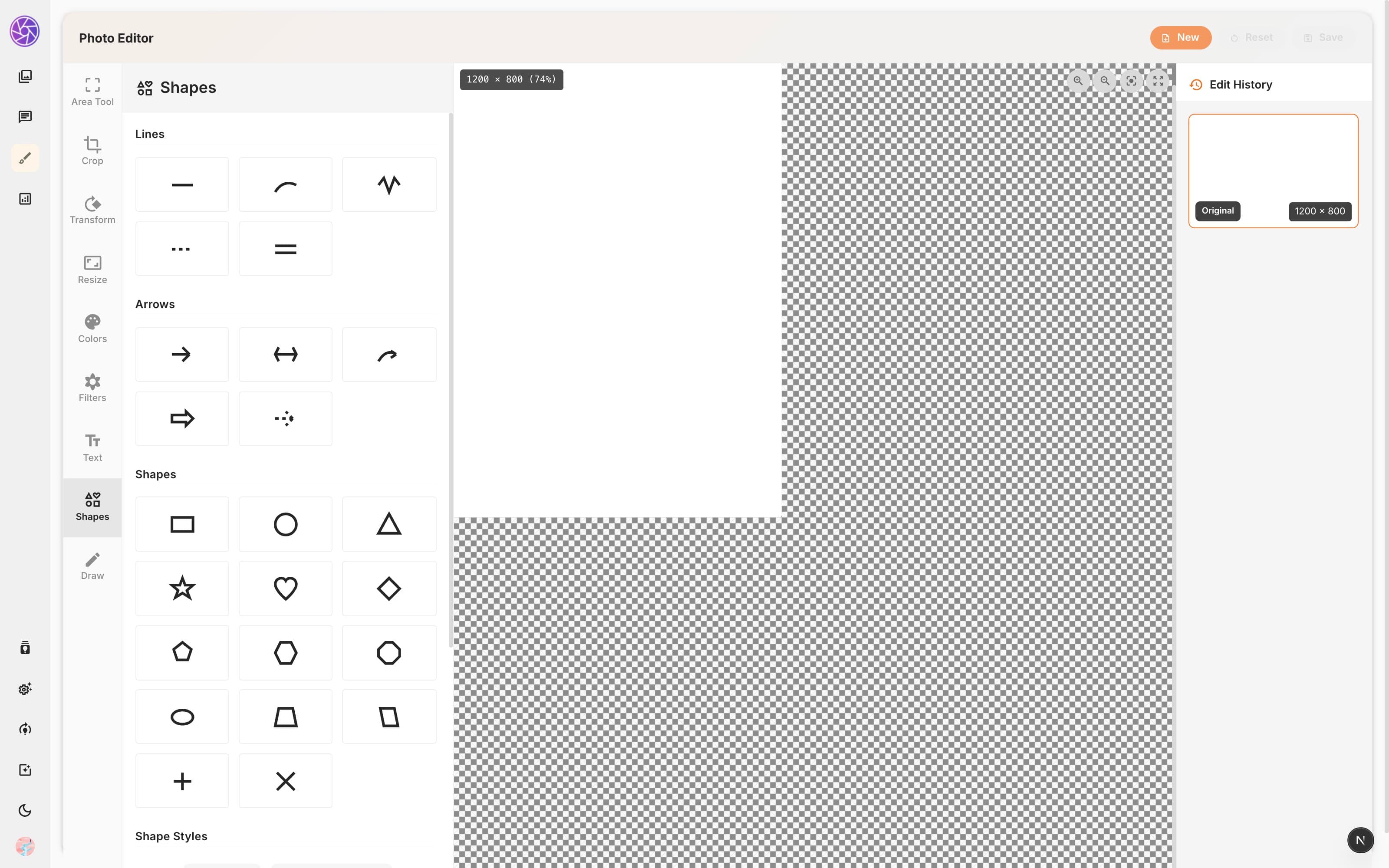 Shapes tool with shape categories