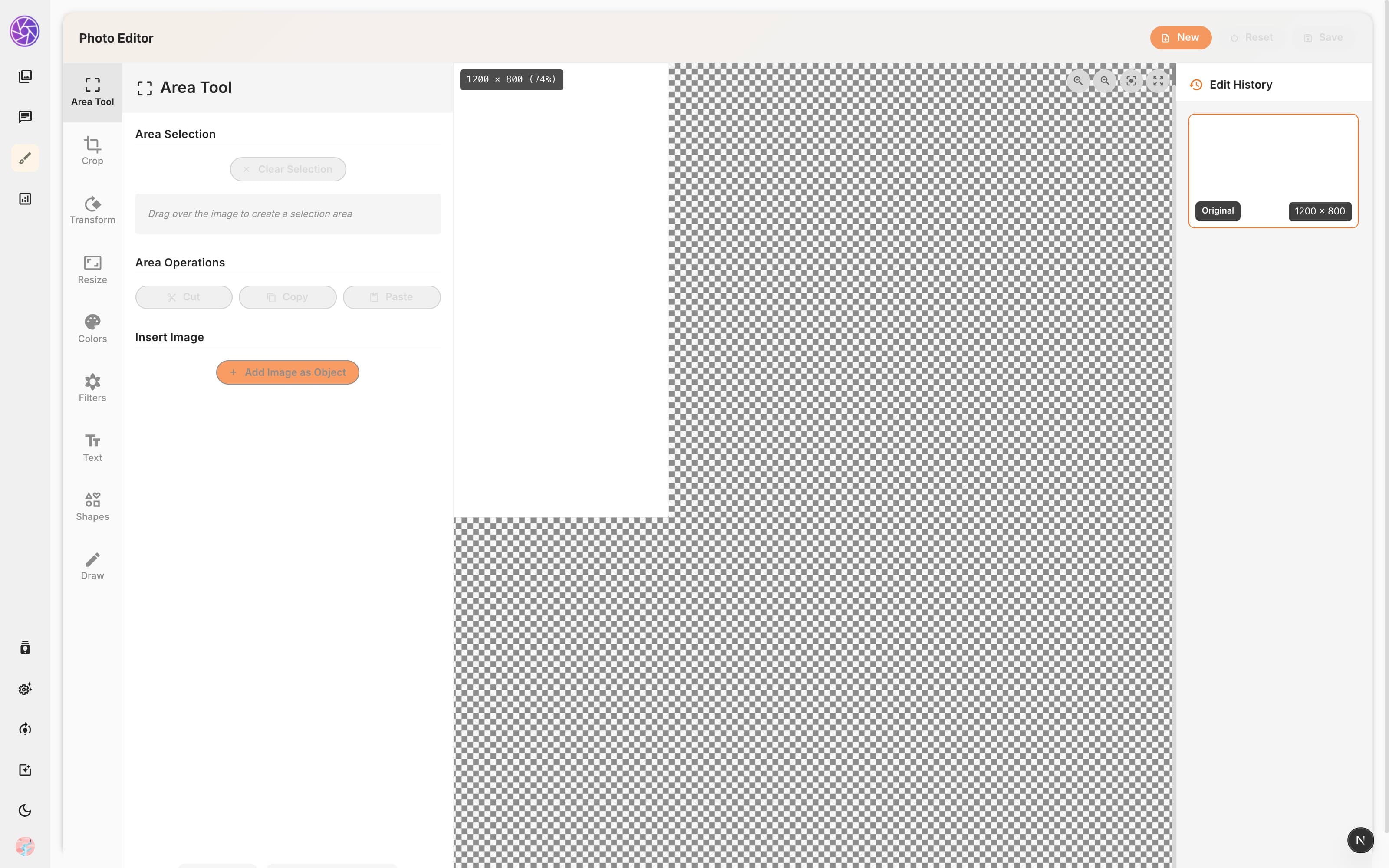 Photo Editor workspace with canvas and tool panels