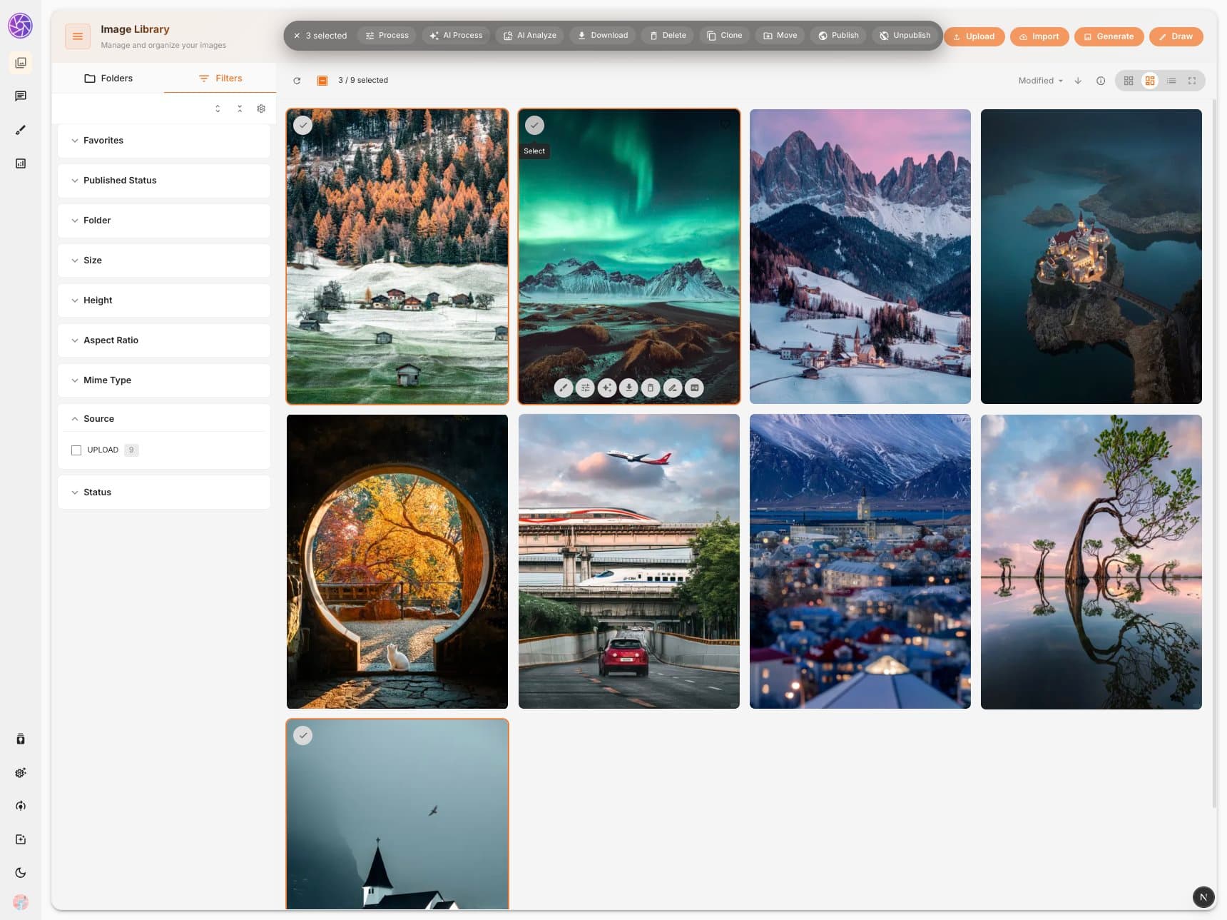 Batch actions toolbar with three images selected