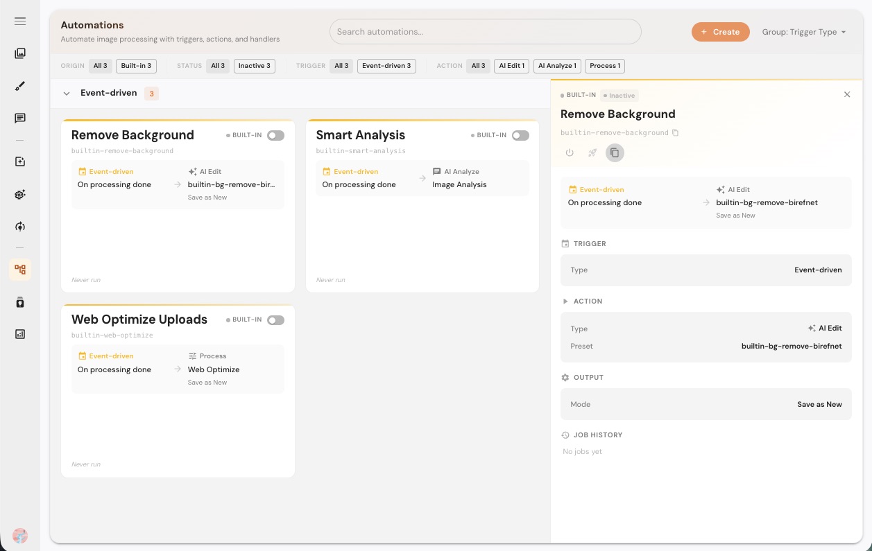 Automation rules list with a Web Optimize Uploads rule selected — trigger, action, and output configuration shown