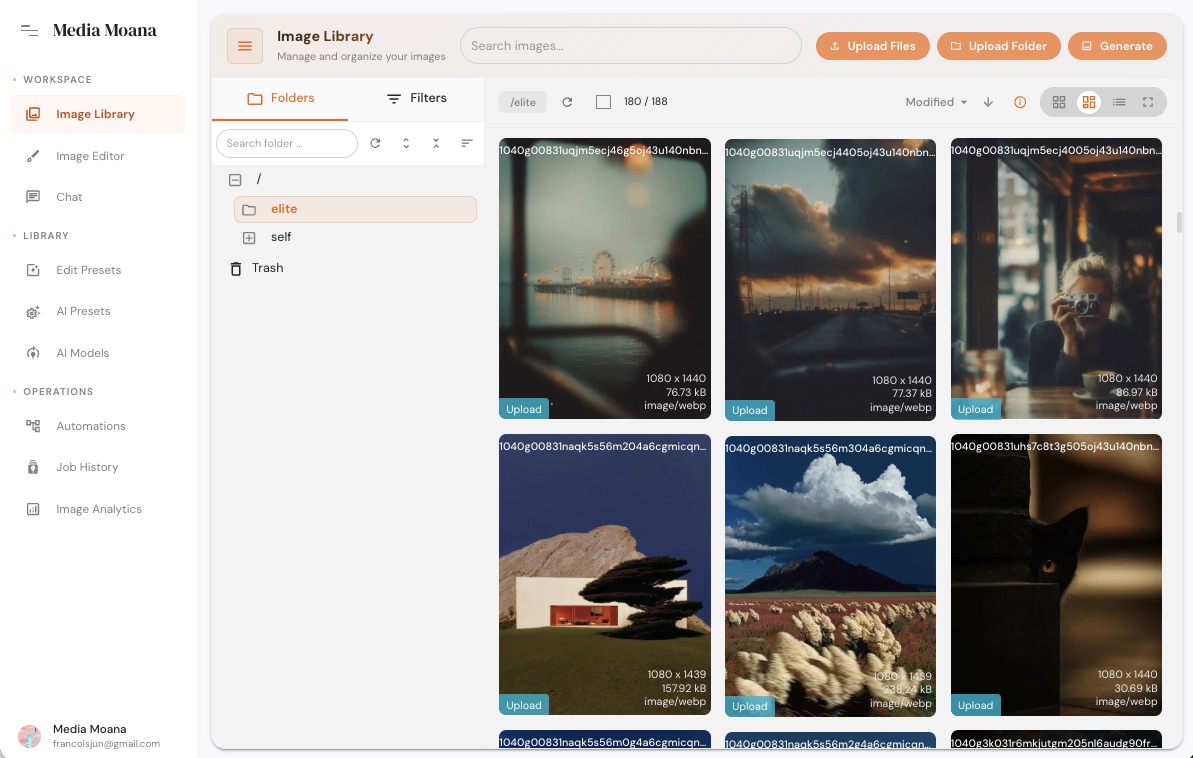 Media Moana media library — masonry view of mixed RAW, JPEG, and AI-generated media