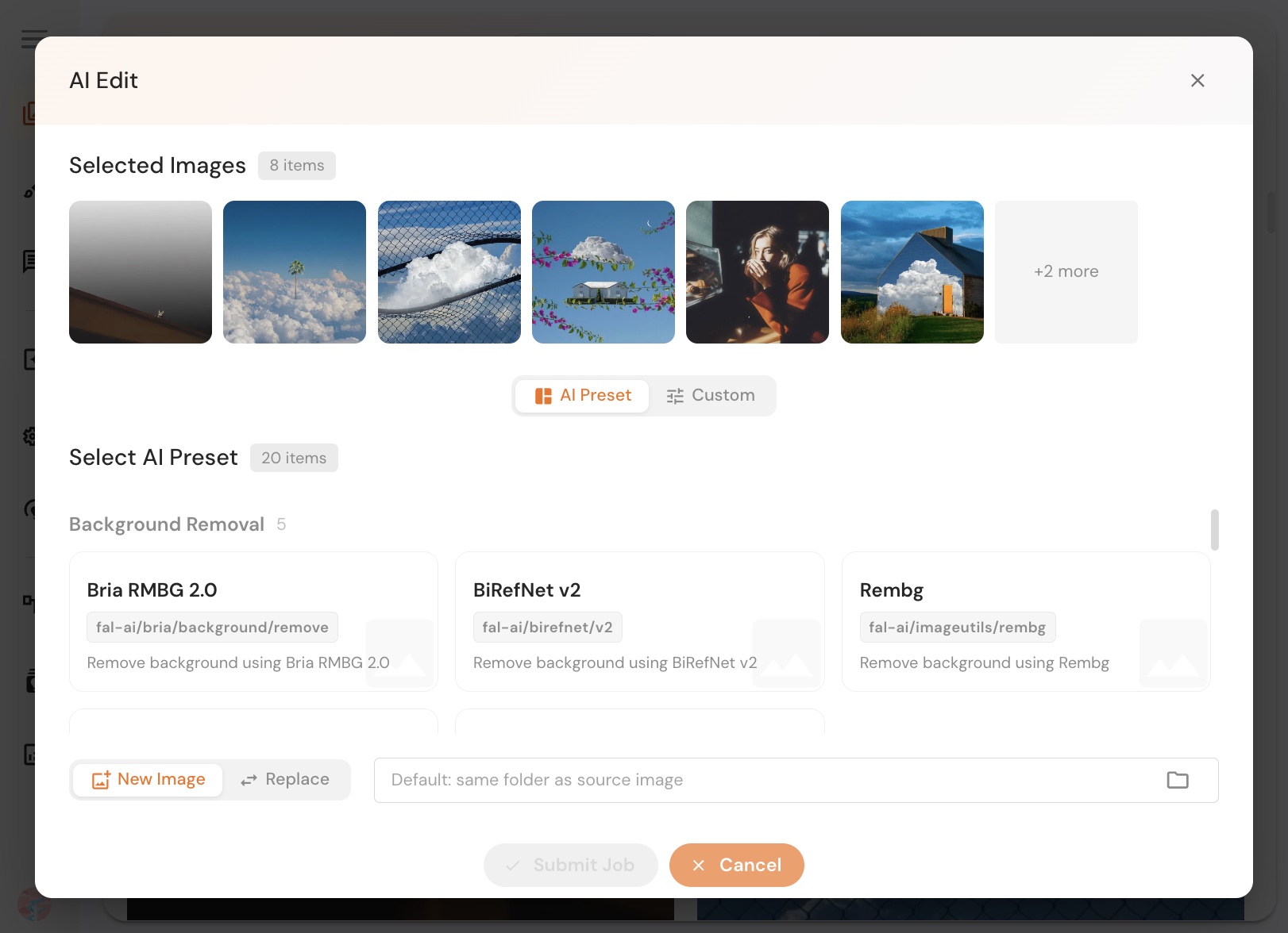 AI Edit dialog showing selected images and background removal presets — Bria RMBG 2.0, Rembg